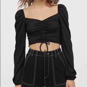 Drawstring Front Black Crop Top